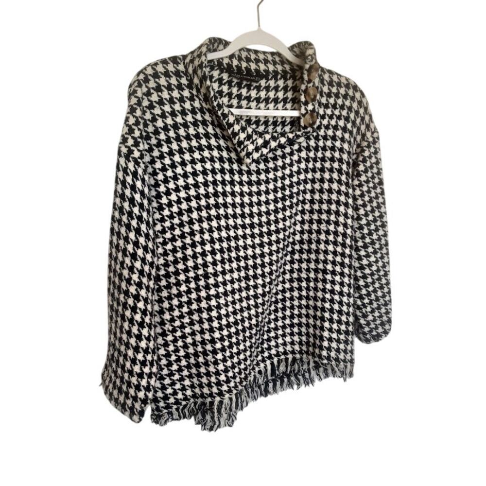 Zara Woman Houndstooth Fringe Sweater Poncho XS Black White Cotton